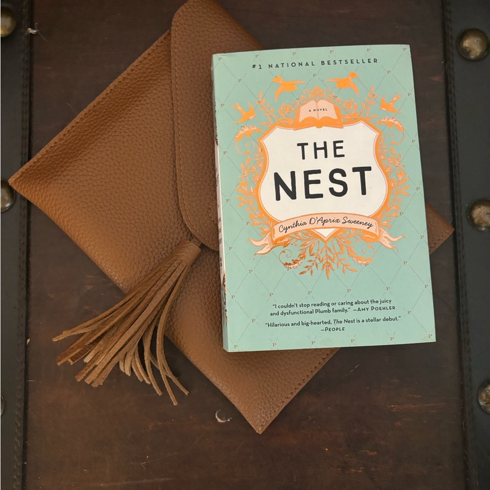 Clutch & Book Bundle: Book: The Nest - Cynthia D'Aprix Sweeney; Tan Clutch